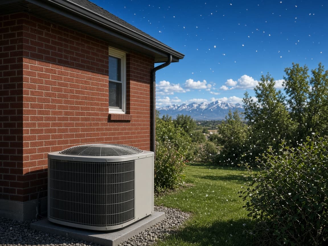An air conditioner beside a brick Denver house under a deep blue sky.