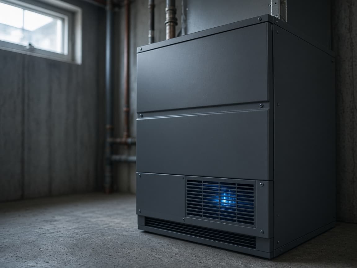 A high-efficiency furnace in a dim Denver basement, lit by a cool window.