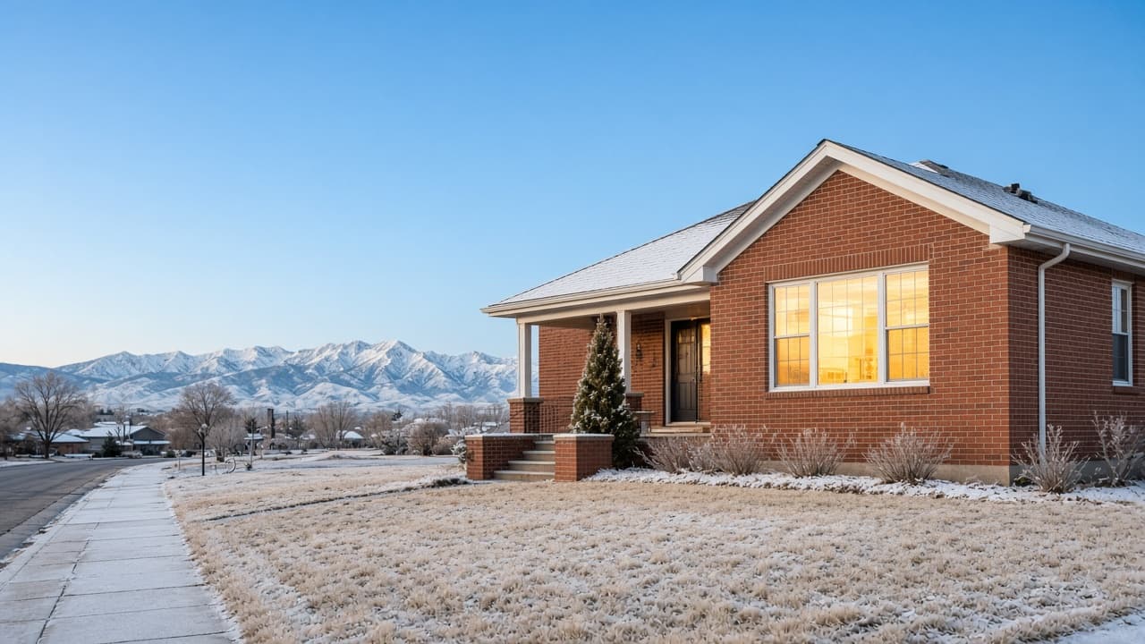 A Denver brick bungalow at blue hour, frost on the lawn, one warm window, the Front Range behind the roof.