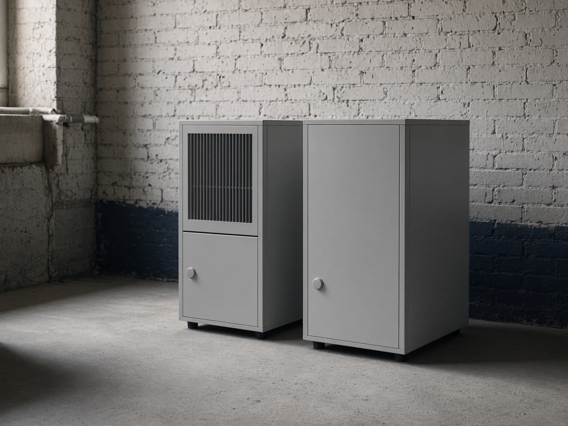 New heating equipment standing in a brick-foundation basement.